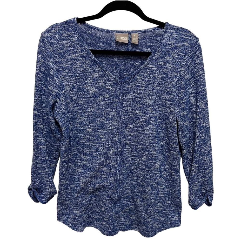 Chicos Blue White Knit 3/4 Sleeve Sweater Rolled Cuff, Size 1